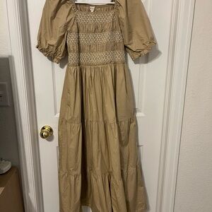 Roolee Tan Smocked Puff Sleeve Sundress